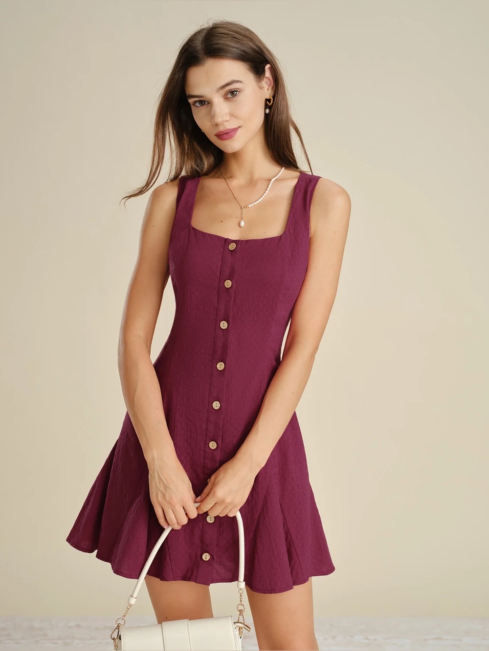 Rihoas Red Square Neck Button Mini Dress